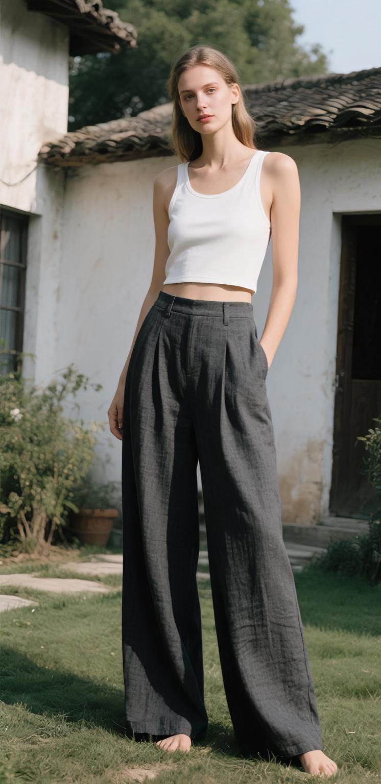 Olive Black Linen Wide-Leg Pants — view 4