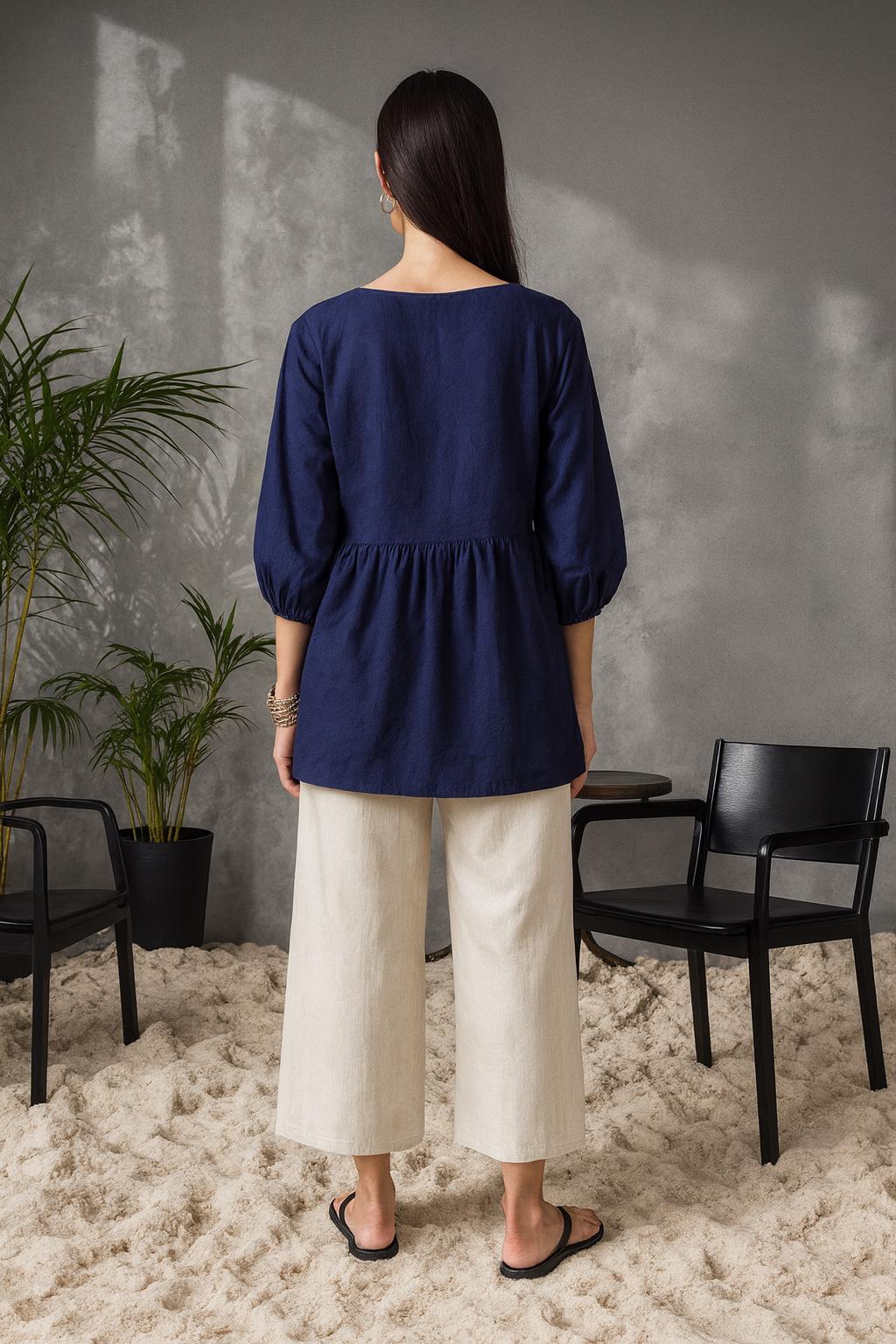 Wynn Navy Linen Button-Down Shirt — view 3