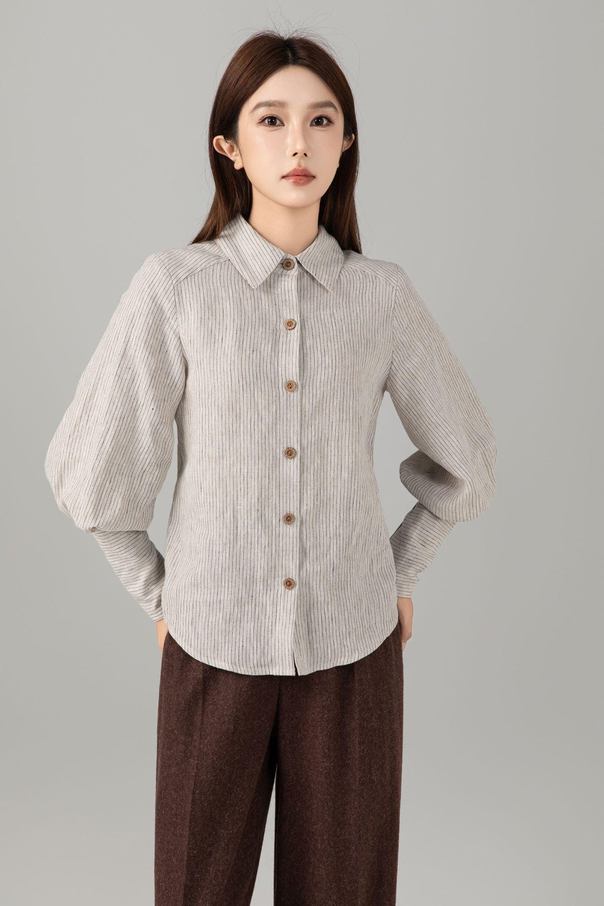 Orla Striped Linen Button-Down Top — view 3