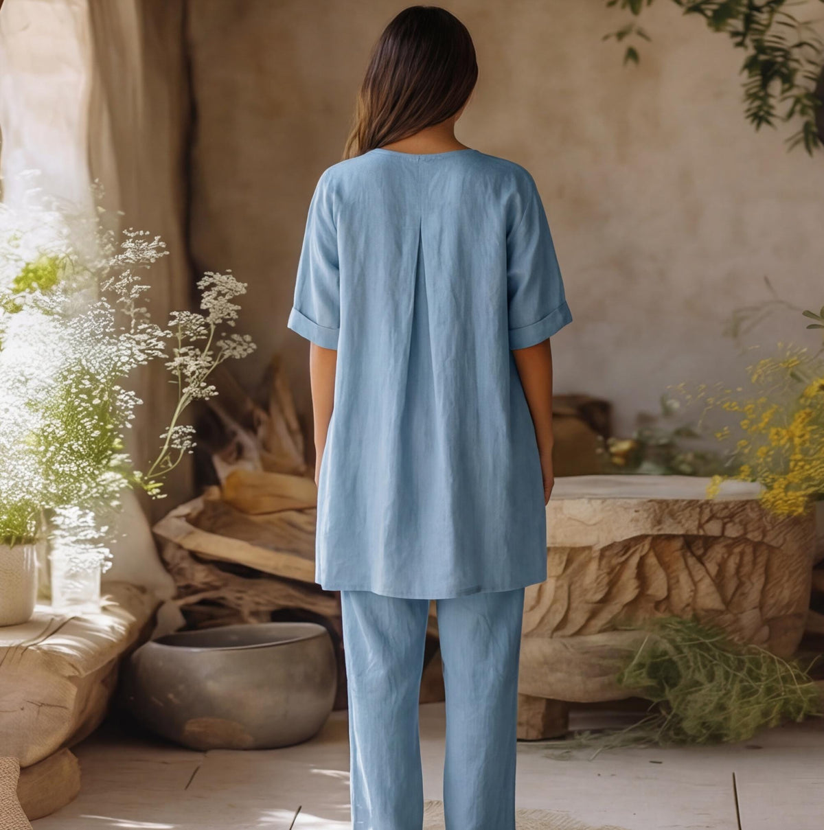 Blair Light Blue Linen Tunic Two-Piece Set — view 3