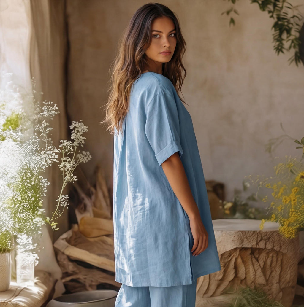 Blair Light Blue Linen Tunic Two-Piece Set — view 4