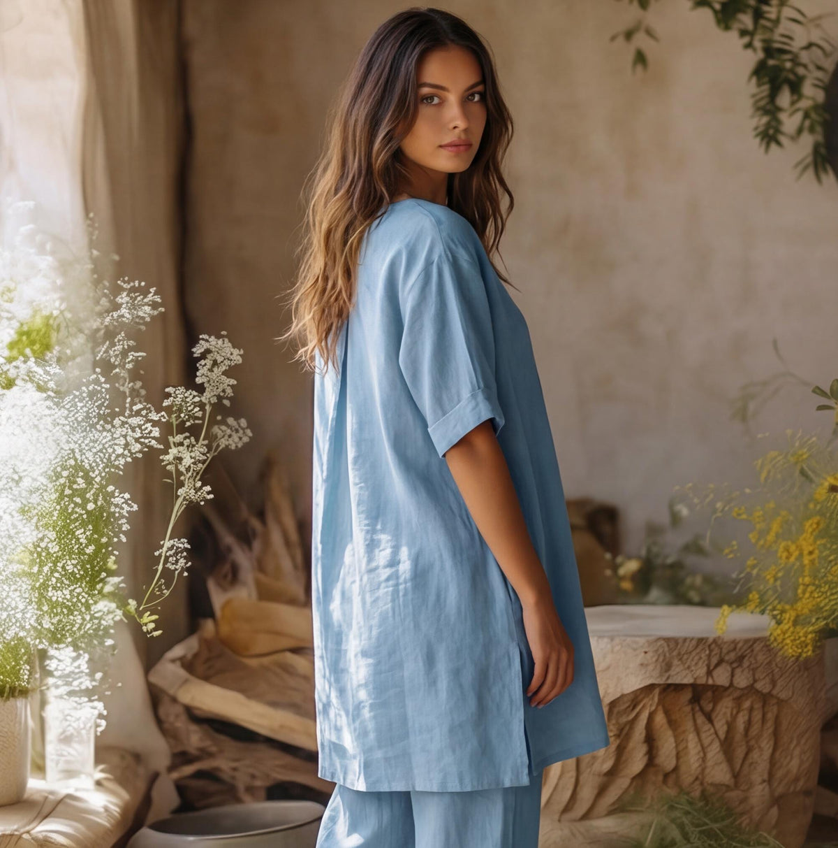 Blair Light Blue Linen Tunic Two-Piece Set — view 4