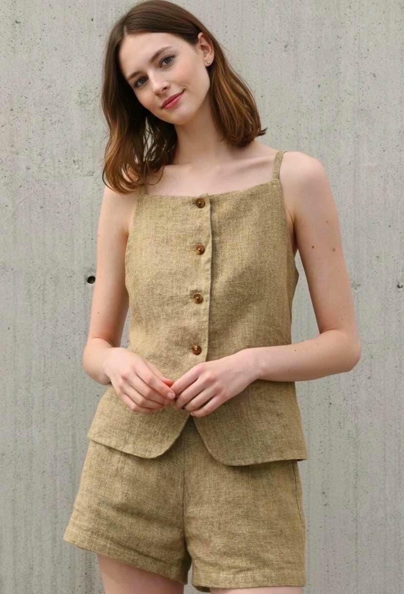 Sage Khaki Linen Shorts Set — view 2