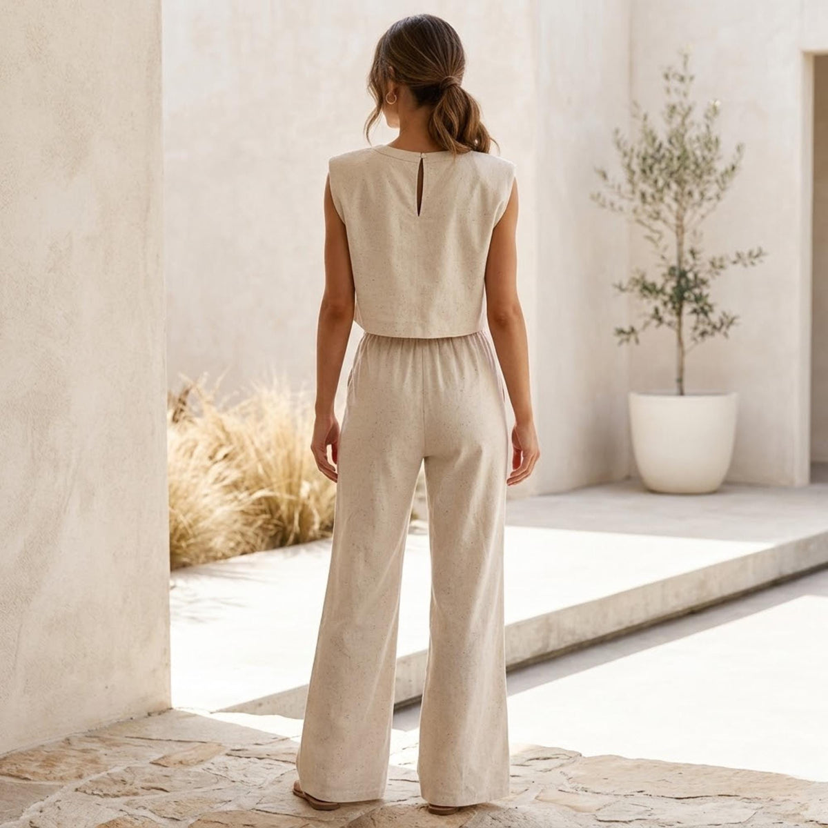 Mae Beige Linen Wide-Leg Two-Piece Set — view 3