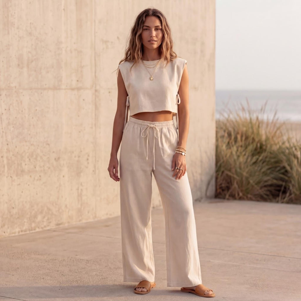 Mae Beige Linen Wide-Leg Two-Piece Set — view 2