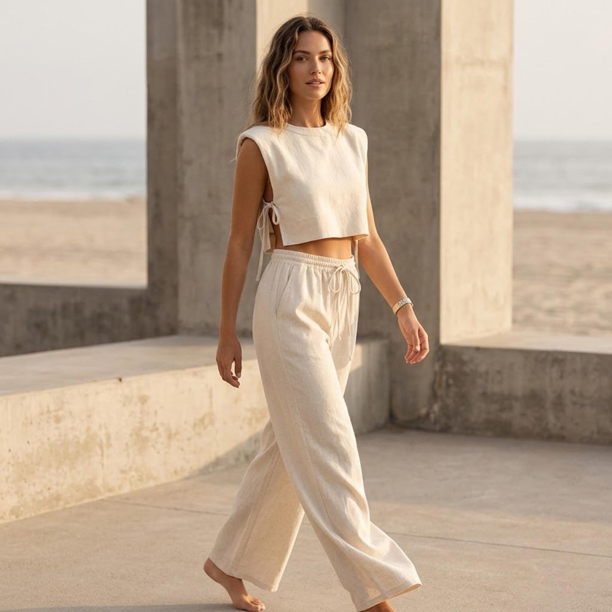 Mae Beige Linen Wide-Leg Two-Piece Set — Arthur's Sportswear