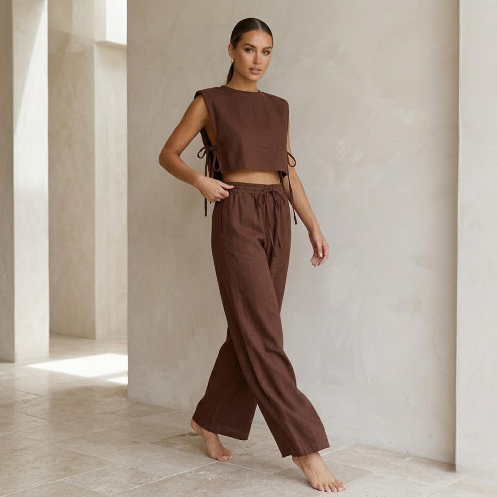 Mae Beige Linen Wide-Leg Two-Piece Set — view 5
