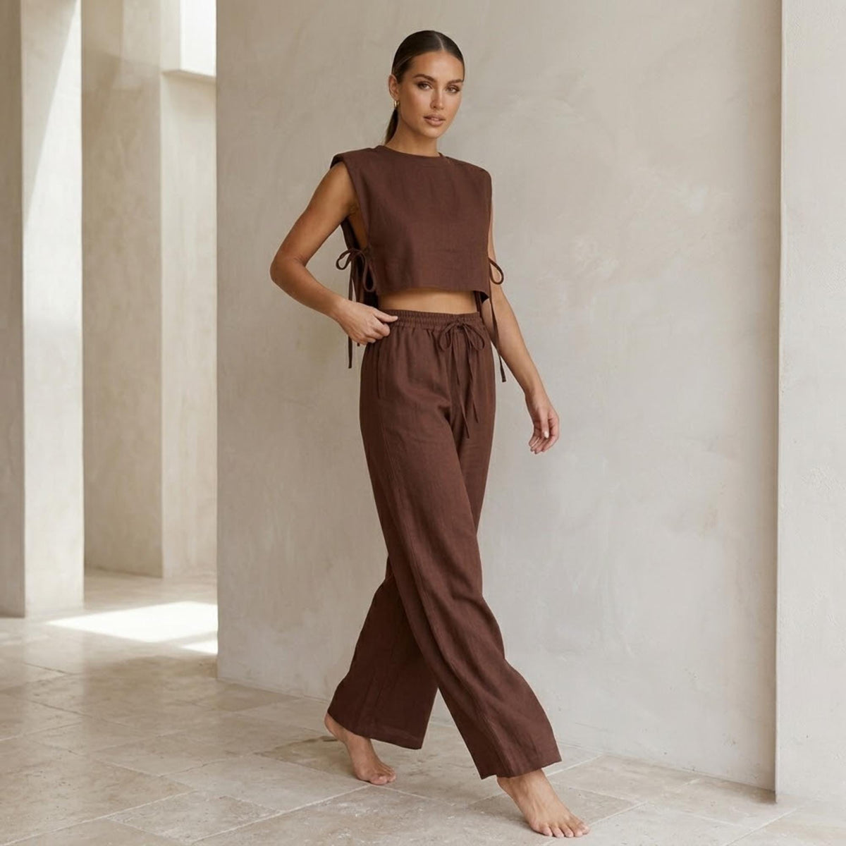 Mae Beige Linen Wide-Leg Two-Piece Set — view 5