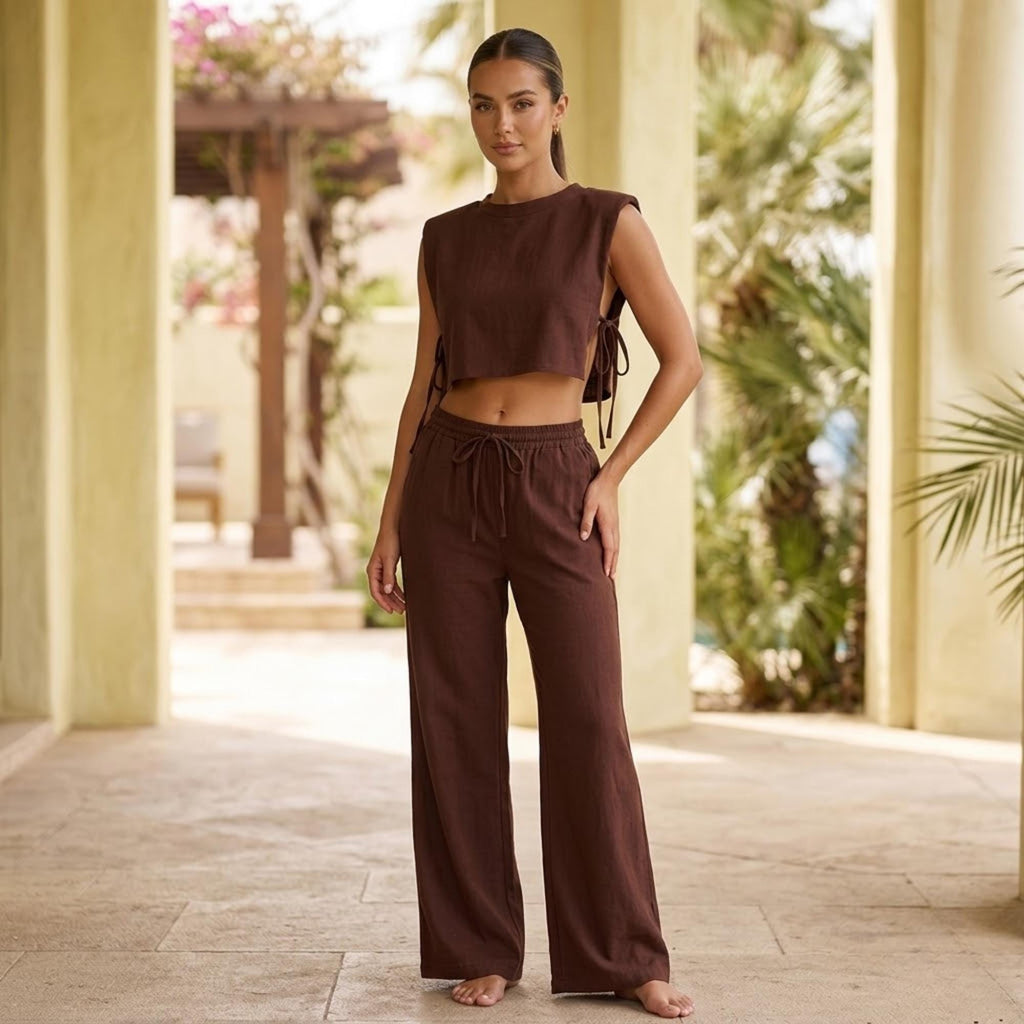 Mae Beige Linen Wide-Leg Two-Piece Set — view 4