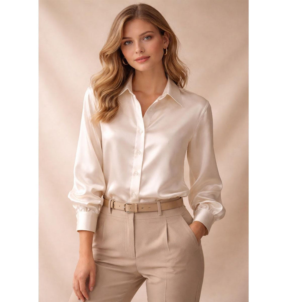 Edie Ivory Satin Button-Down Shirt — Arthur's Sportswear