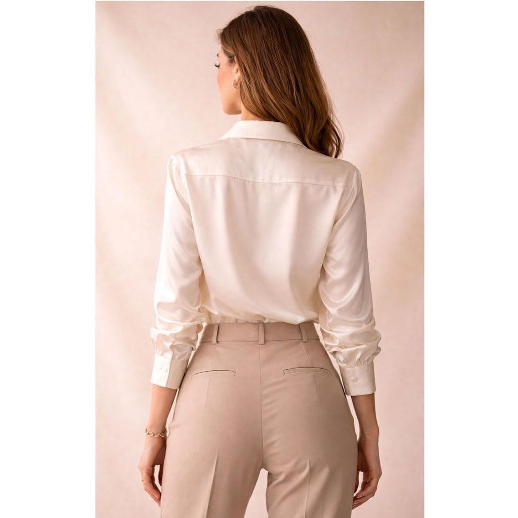 Edie Ivory Satin Button-Down Shirt — view 5