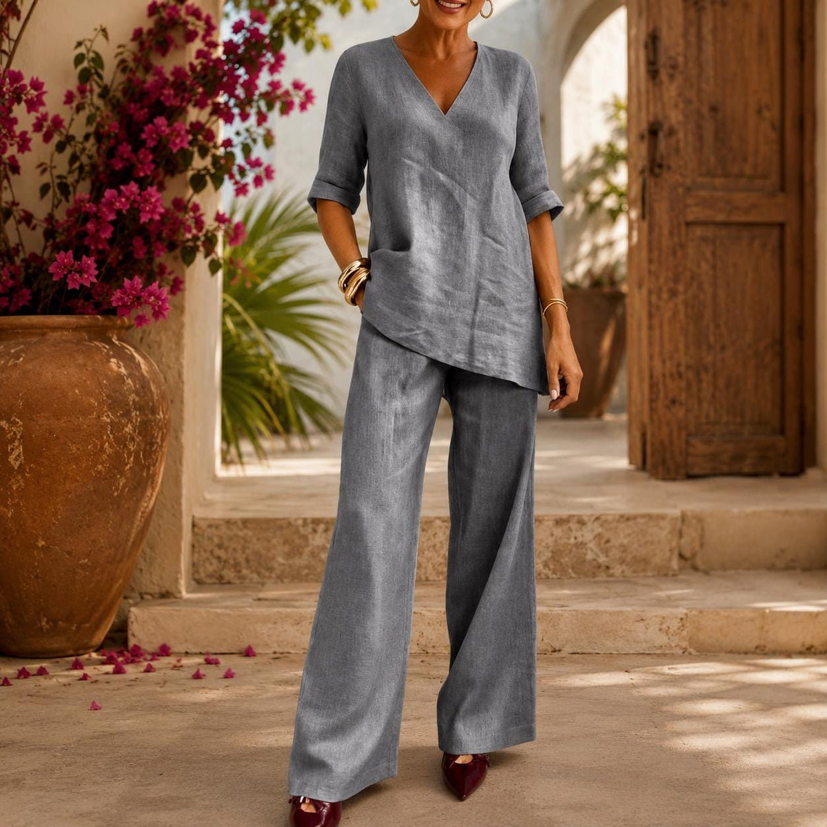 Elsie Brown Linen Tunic Two-Piece Set — view 3