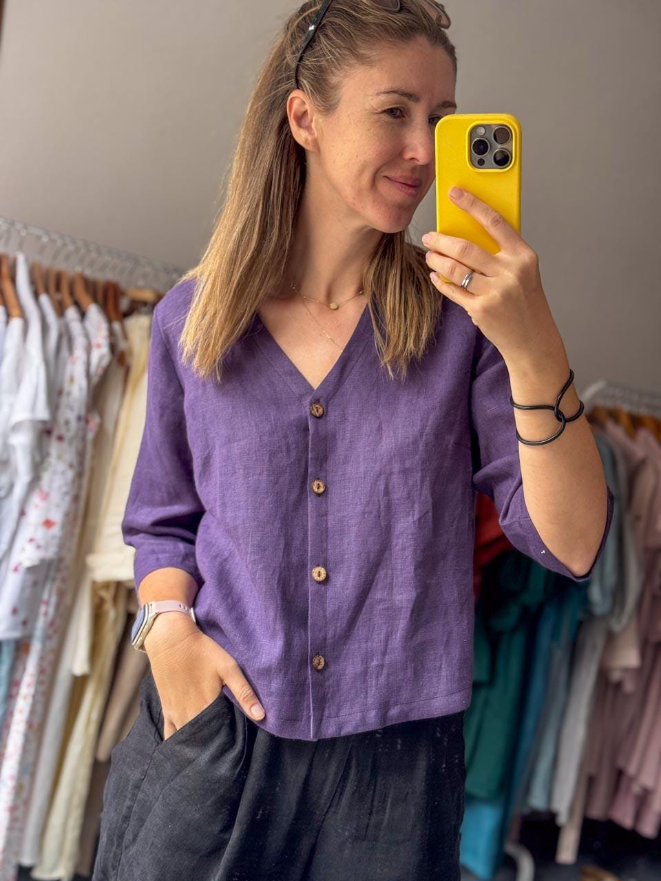 Belle White Linen Button-Down Blouse — view 3