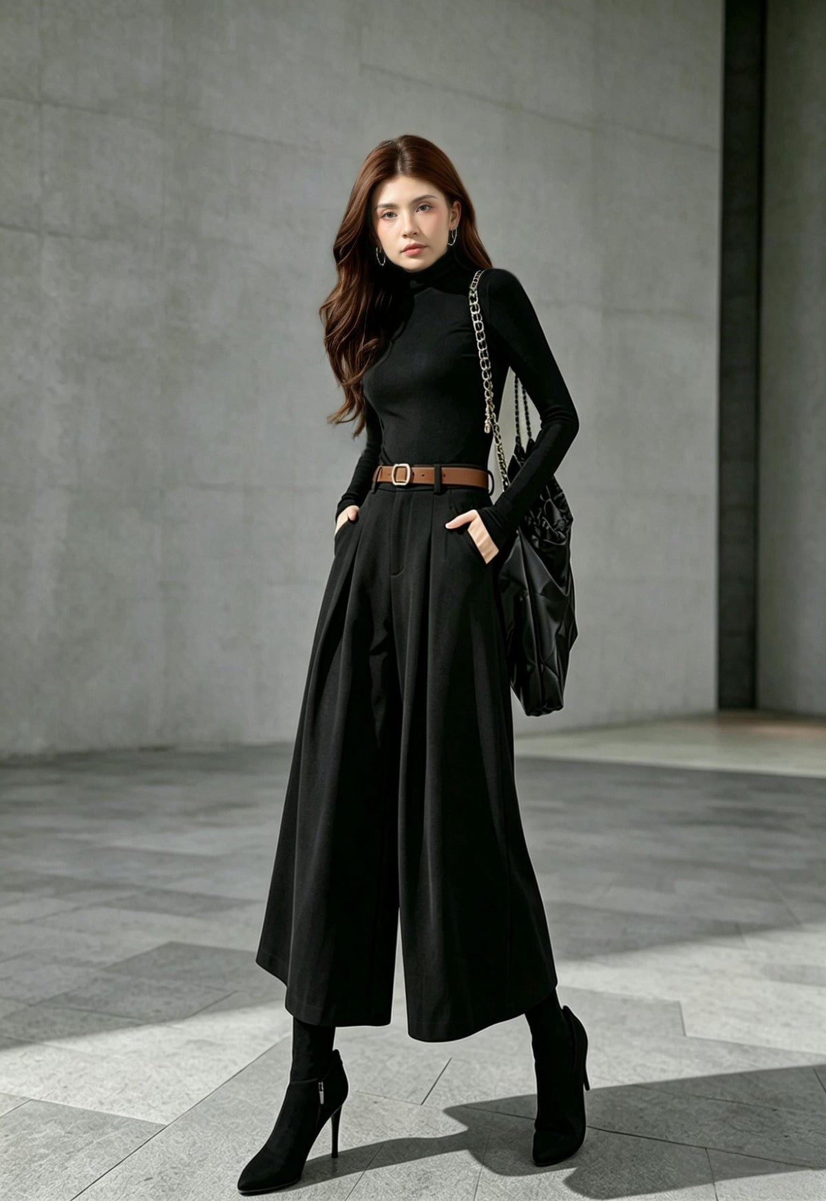 Willa Black Wool Wide-Leg Pants — view 3