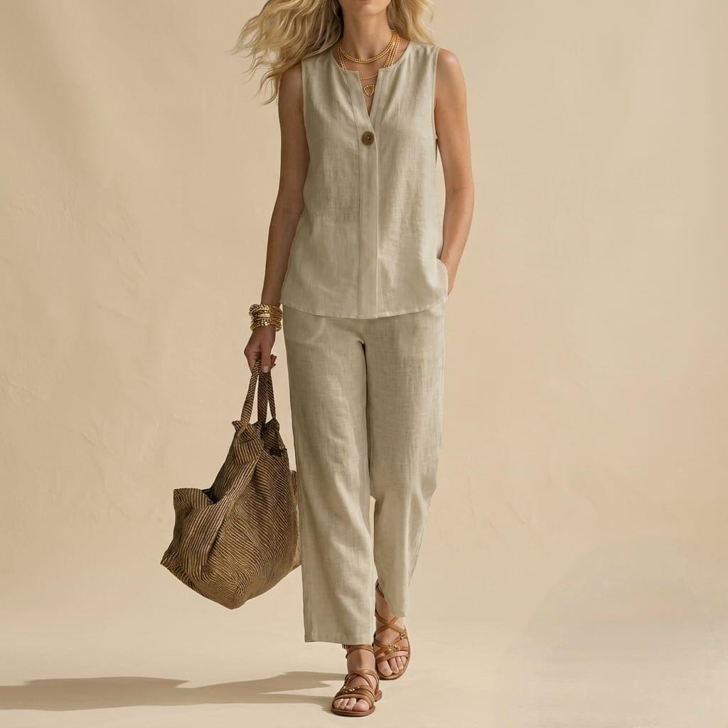 Vida Beige Linen Wide-Leg Two-Piece Set — Arthur's Sportswear