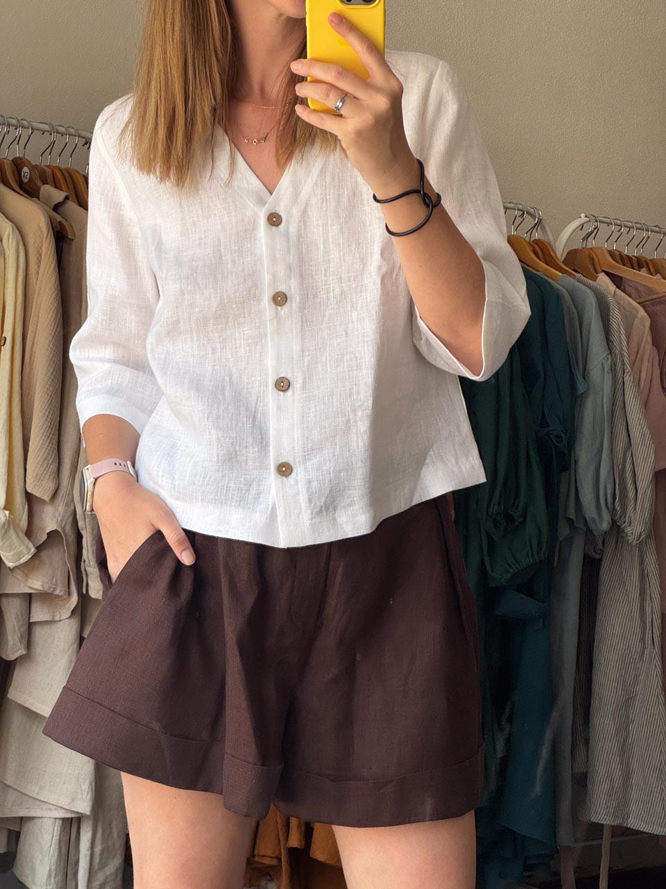 Belle White Linen Button-Down Blouse — view 4