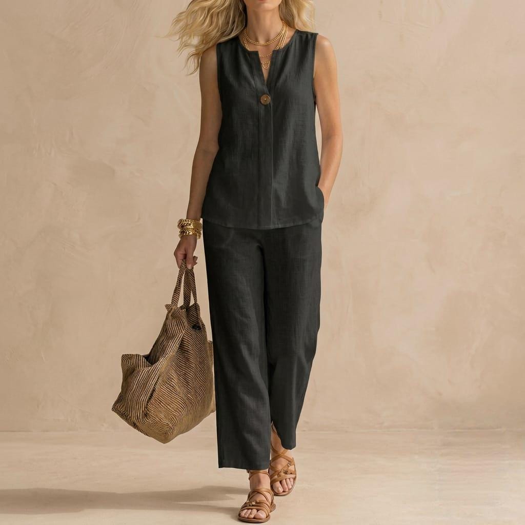 Vida Beige Linen Wide-Leg Two-Piece Set — view 2