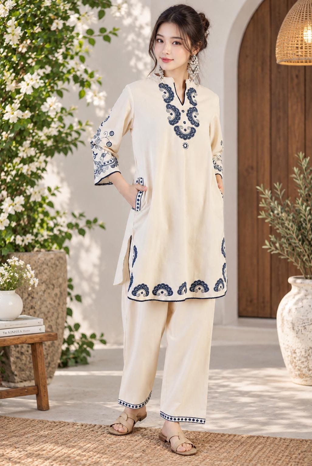 Isla Cream Linen Embroidered Two-Piece Set — Arthur's Sportswear