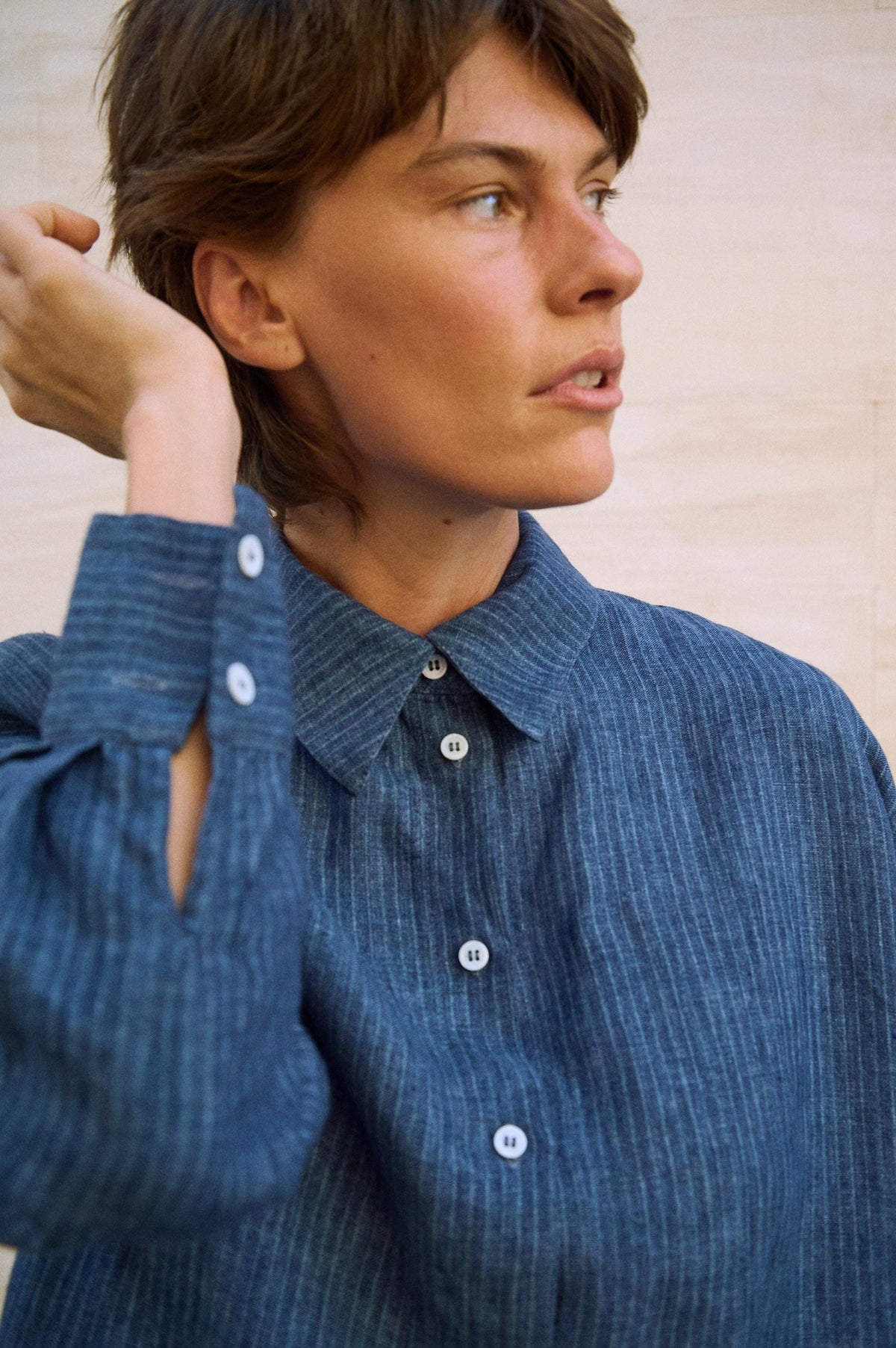 Talia Striped Linen Button-Down Shirt — view 6