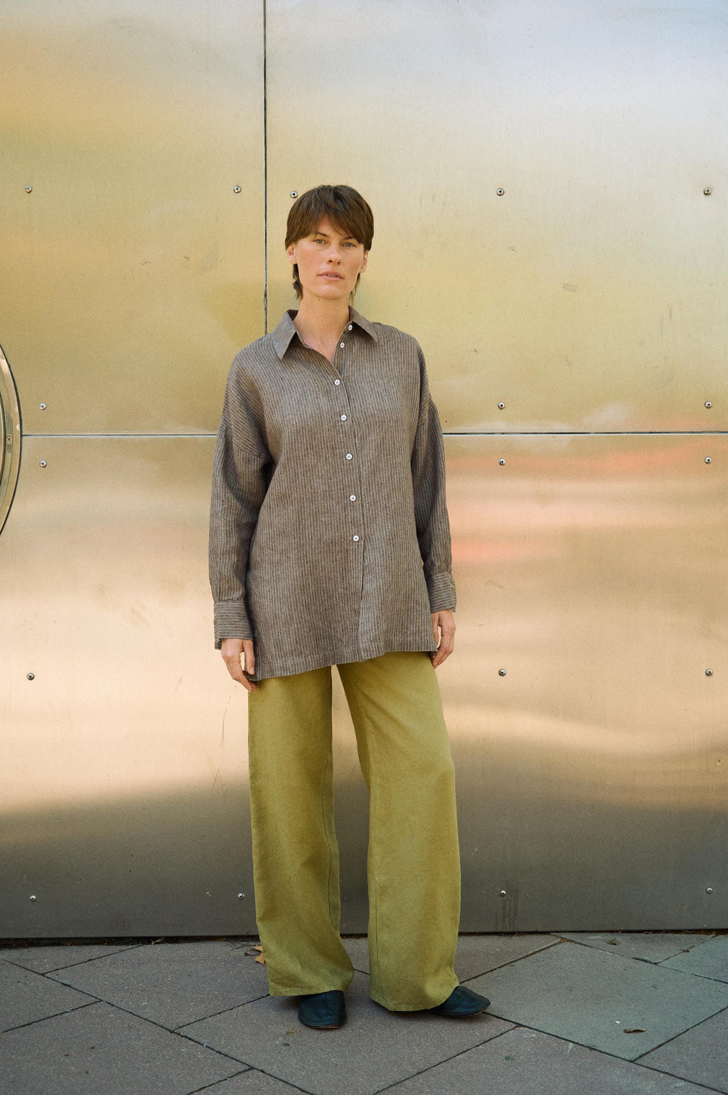 Valen Striped Linen Button-Down Shirt — view 2