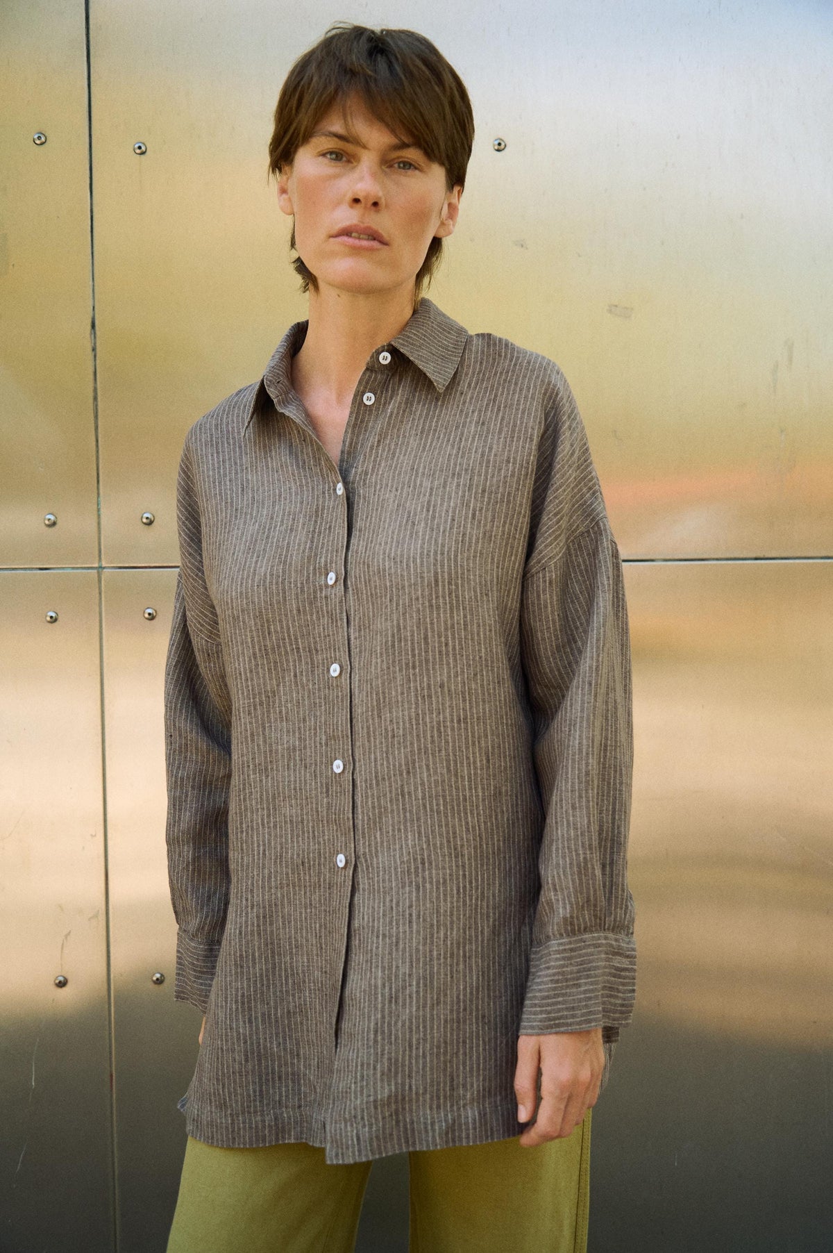 Valen Striped Linen Button-Down Shirt — view 5