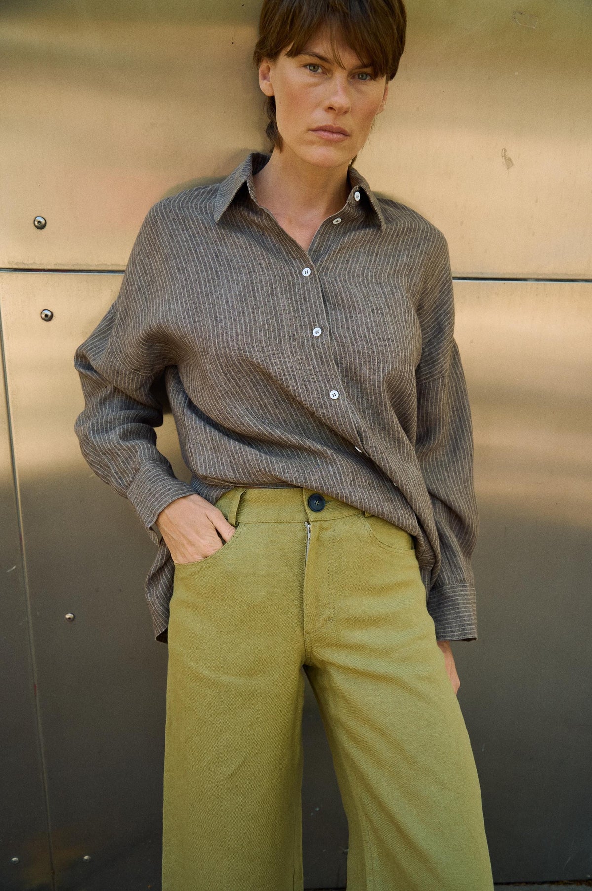 Valen Striped Linen Button-Down Shirt — view 3